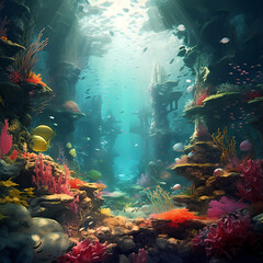 Naklejka na ściany i meble A surreal underwater world with vibrant coral reefs.