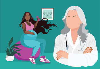 Pregnant woman visits her doctor, she is smiling and happy as everything is okay. Vector illustration