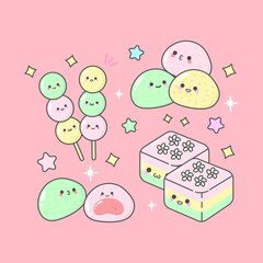 Vector Japanese Snack Mochi Dango Pudding with cute facial expressions and pastel colour