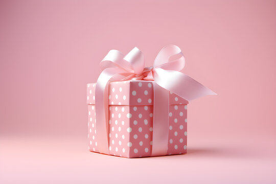 Pink gift box and white polka dots with a bow and ribbon on pale pink background. Wallpaper or banner for Mother's Day, Valentine's day, Birthday, Anniversary presents, Gift cards, Post cards.