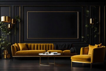 The living room mockup, modern luxury background, and dark interior with black walls, yellow sofa, and empty frame