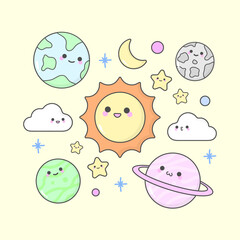 Vector planet space sun cloud moon star with cute facial expressions and pastel colour © Steven