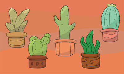 cute cactus in a pot various shapes. vector with background
