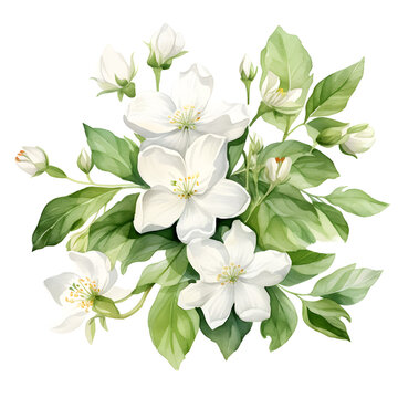 Watercolor of bouquet tropical spring floral, white jasmine flowers and green leaves isolated on white background. Wallpaper or banner for Mother's Day, bouquets greeting for wedding card decoration.