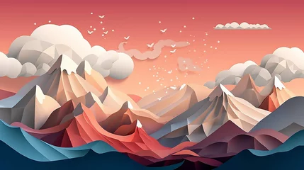 Zelfklevend Fotobehang Zalmroze Illustration of mountain scenery with cloud in aerial. 