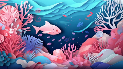 Fototapeta na wymiar Illustration of pink and blue underwater scene with coral reef with a blue background and a light shining on it.