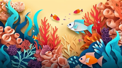 Illustration underwater scene with coral reef and fish. 