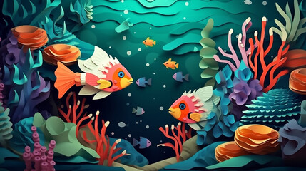 Obraz na płótnie Canvas colorful Illustration underwater scene with coral reef and fish. 
