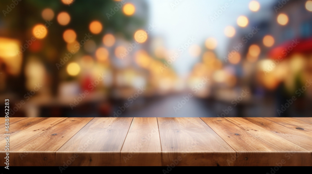 Poster empty wooden table and blurred background of street cafe with bokeh. for product display