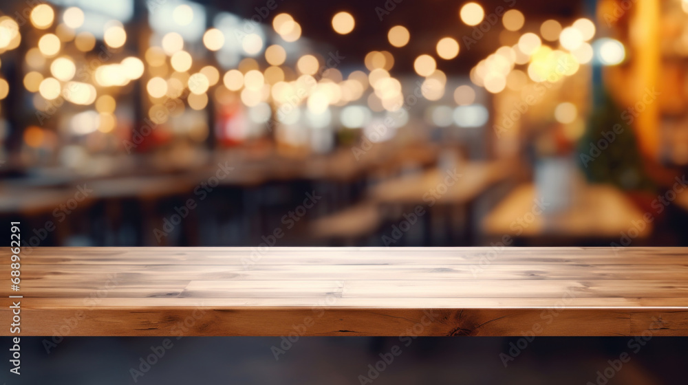 Poster empty wooden table and coffee shop blur background with bokeh image.