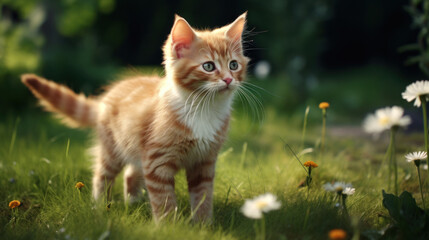 Cute ginger kitten standing on the green grass in the garden.