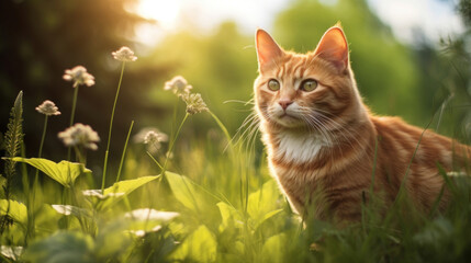 Naklejka na ściany i meble Beautiful ginger cat sitting in the grass with flowers at sunset.