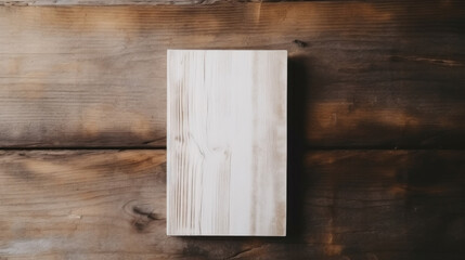 Top view of wooden cutting board on wooden background. Copy space.