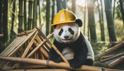 Architect Baby Panda is Building a Bamboo House in the Forest - obrazy, fototapety, plakaty