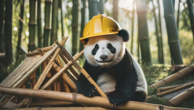 Naklejki Architect Baby Panda is Building a Bamboo House in the Forest