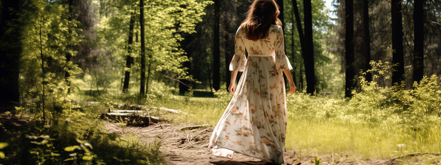 A woman in a long dress walks through the forest on a sunny day.