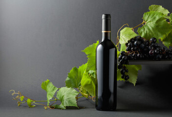 Bottle of red wine with blue grapes and vine branches.