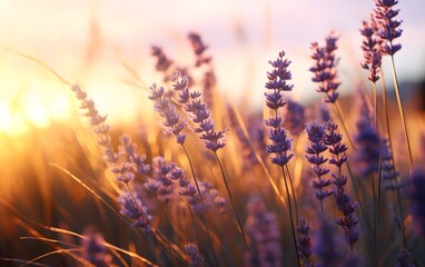 Fototapeta premium A Serene and Romantic View of Close up Lavender field during golden hour