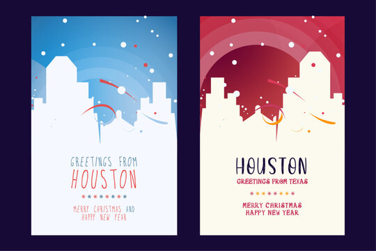 Houston city poster with Christmas skyline, cityscape, landmarks. Winter USA holiday, New Year vertical vector layout for Texas state brochure, website, flyer, leaflet, card