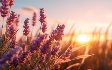 A Serene and Romantic View of Close up Lavender field during golden hour