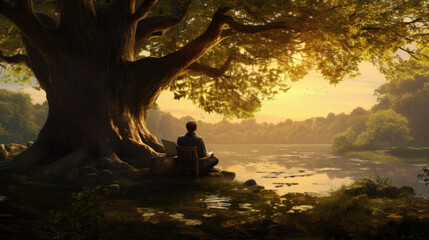 Man reading a book while sitting under the tree by the lake at the public park for recreation, leisure and relaxation in nature.