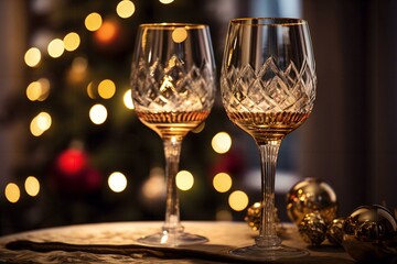 glasses of wine on a wooden table with festive background, space for text, wine glasses with celebration background, wine glasses, copy space, new year, party, christmas, celebration, bokeh, lights

