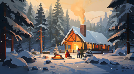 Illustration of a wooden hut in a snow-covered forest in winter. A family in front of the hut around a campfire.