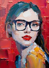 Beautiful Woman with Red Lips and Glasses. Oil Painting Artwork with Palette Knife Technique