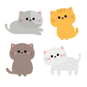 Cat set. Kitten, kitty. Different breeds, colors poses. Cute face, paw print. Cartoon kawaii funny baby character. Kids collection. Sticker print. Flat design. White background Isolated.