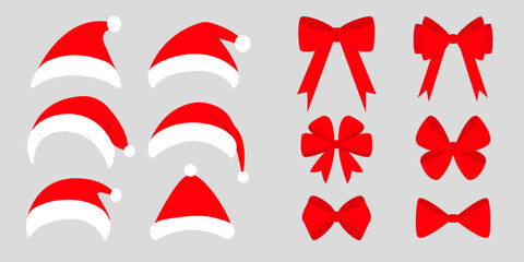 Big red ribbon bows. Christmas bow icon set. Red Santa Claus hats cap. Santa hat icon set. Decoration element for giftbox present. Merry Christmas, New Year sign symbol. White background. Flat design.