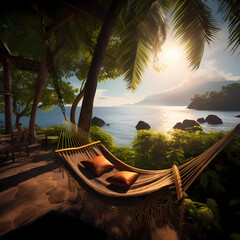 A tropical paradise with a hammock between palm trees