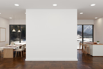 Empty white wall mockup in a modern, luxurious spacious room with a dining room and kitchen.