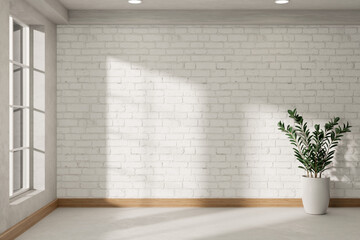Empty room. Minimalist white empty room with a houseplant, white brick wall, and window.