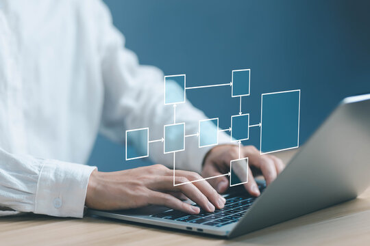 businessman using computer show organigram or diagram algorithm flow to design workflow automation with flowcharts and hierarchy scheme. Business process, model structure digital and data management