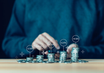 money coin has an increase arrow. concept of percent profit fund high up in the stock market, financial save money and index fund growth investment, business success in the future, income pension.