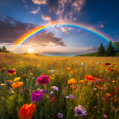 A vibrant rainbow over a field of wildflowers.