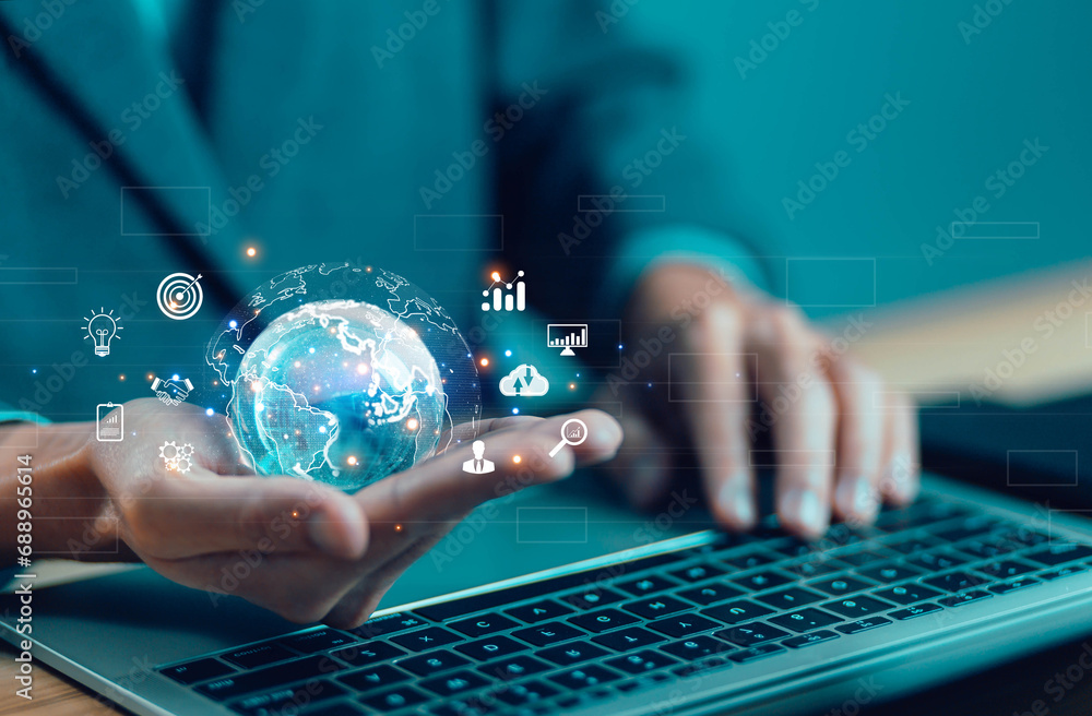 Aufkleber hand shows the globe. concept of global internet connection big data digital link technology, and bu