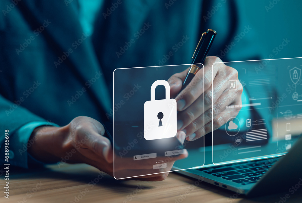 Poster lock mark, cybersecurity internet. concept protect attacks from a hacker, crime, and viruses cyber. 