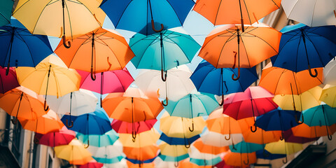 A variety of open umbrellas dangle presenting a colorful spectacle Dangling Umbrella Spectacle - obrazy, fototapety, plakaty