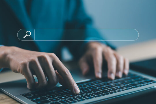 businessman using a laptop, show search bar. concept of a website to find a job and career on the internet, web browser information, SEO optimization, tool digital online. keyword search engines  