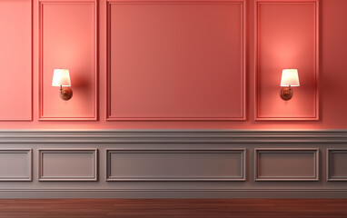 Coral wall mock up with copy space in classic style with wall lamps and brown parquet