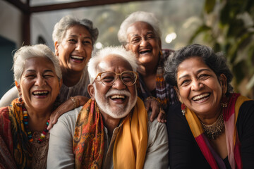 Happy active senior citizens group having fun at india home. Happy Elderly people Party in the living room. Ethnicity Indian people in International Day of Older Persons concept - obrazy, fototapety, plakaty