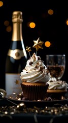 Cupcake with icing Champagne bottle and Champagne glass on bokeh background, cupcake with white...