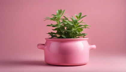  pink pot with green leaves isolated with soft background