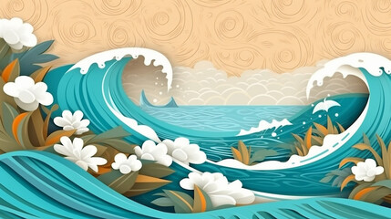 Fototapeta na wymiar Illustration of sea water splashing on sand beach. 