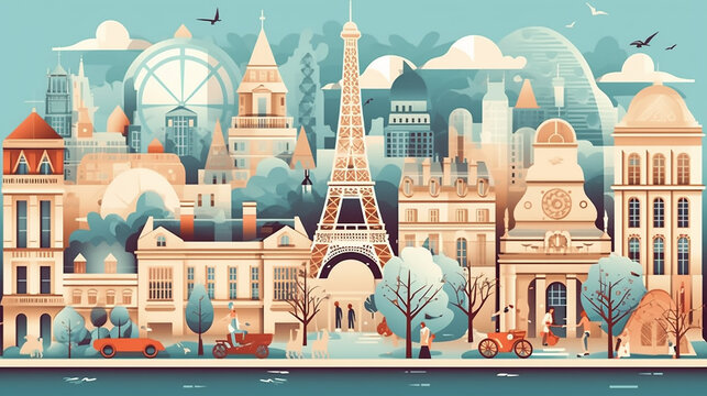 Illustration of city scene with famous architectures. 