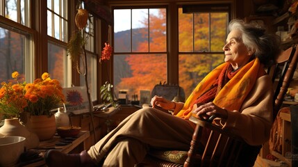 Active Senior Woman Engaging in Relaxing Yoga Practice in Cozy Autumn-themed Home