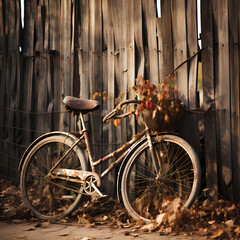 Fototapeta na wymiar A vintage bicycle leaning against a rustic fence