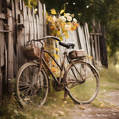Fototapeta na wymiar A vintage bicycle leaning against a rustic wooden fence
