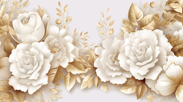 Luxurious golden wallpaper. floral frame with golden roses watercolor in white background. Generative AI